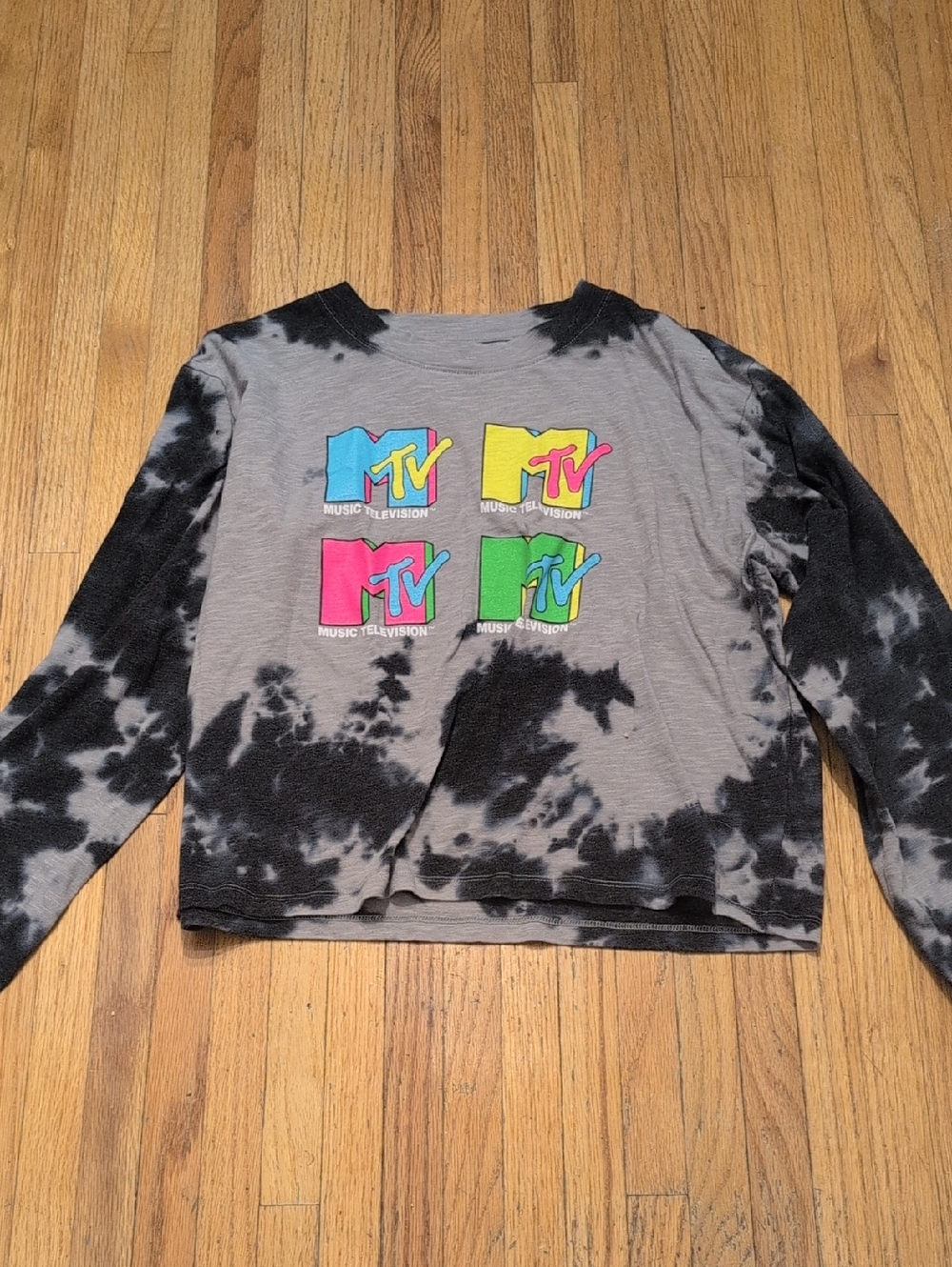 MTV Gray Long Sleeve Tie-Dye Hoodie-Style Top with Neon Logos